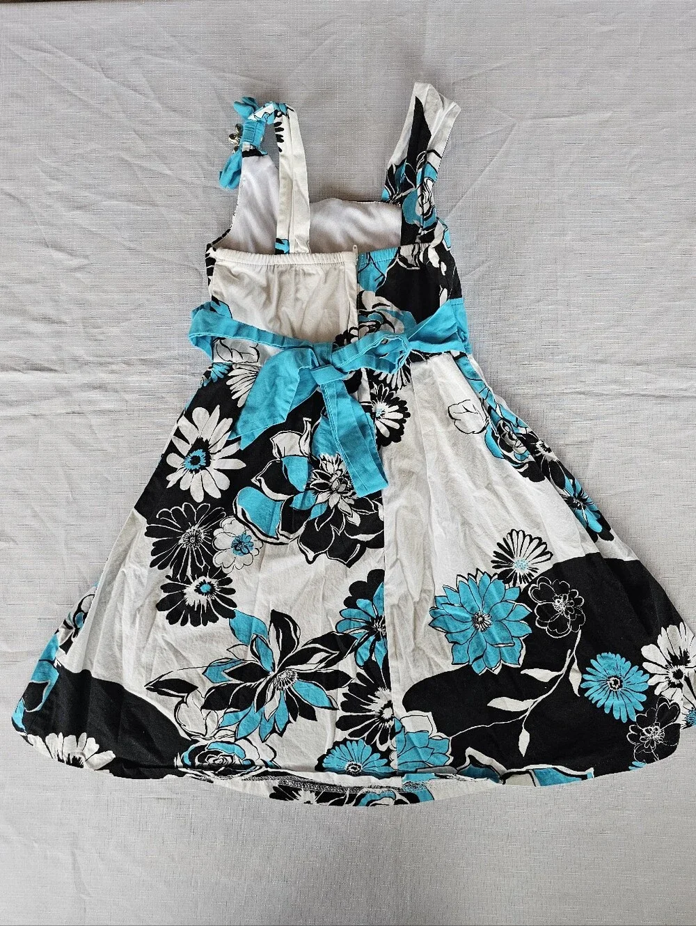 My Michelle Girl's White Black Blue Floral Sleeveless Sundress with Brooch Sz 10